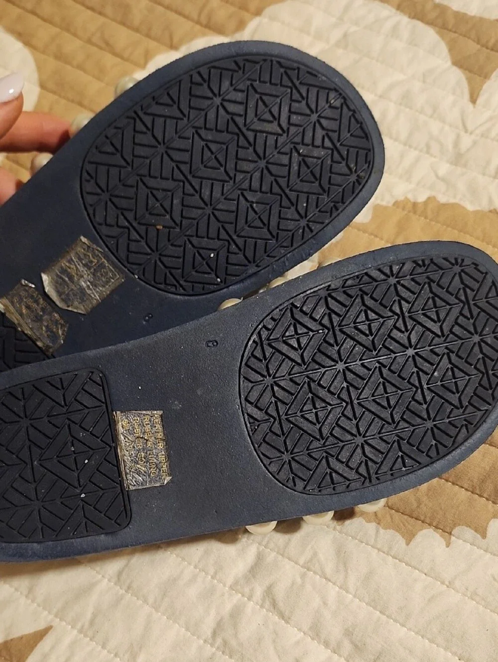Tory Burch Navy Slide Sandals with Green Gems & Pearl Accents